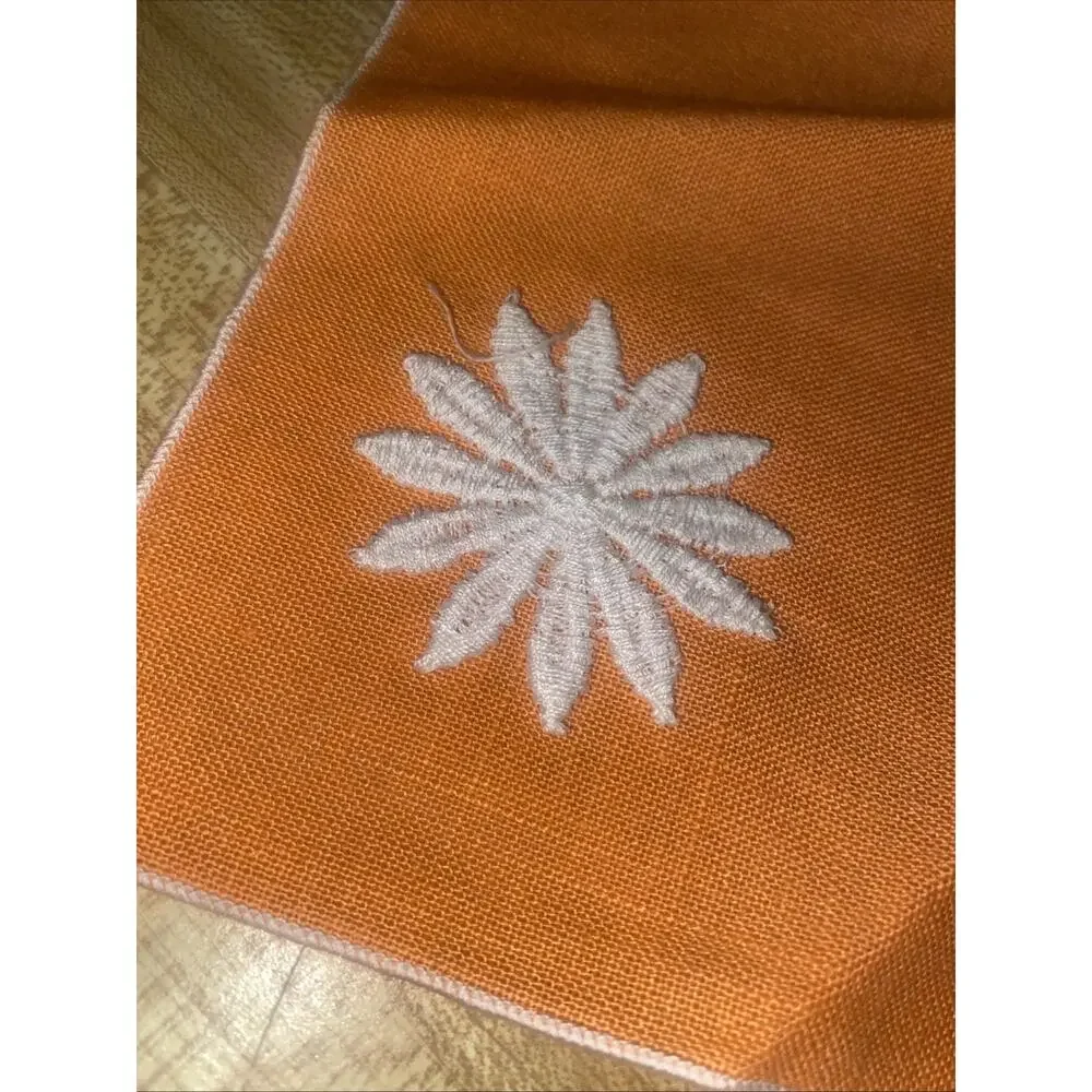 Set Of Four Vintage Orange Cocktail Napkins Linen White Flower Appliqué